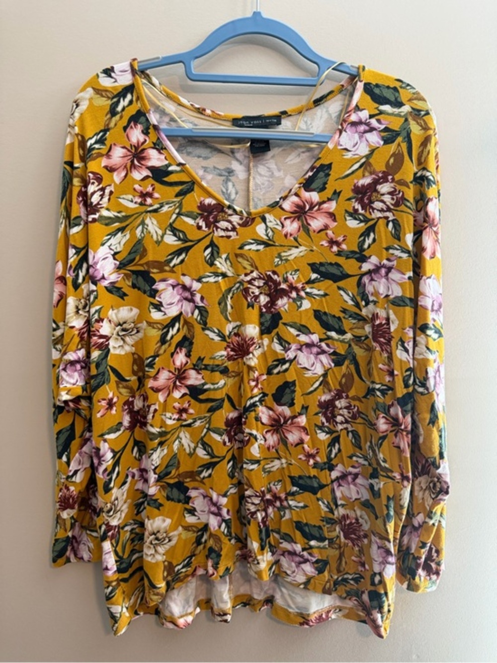 Joan Vass Mustard Floral Long-Sleeve V-Neck Top